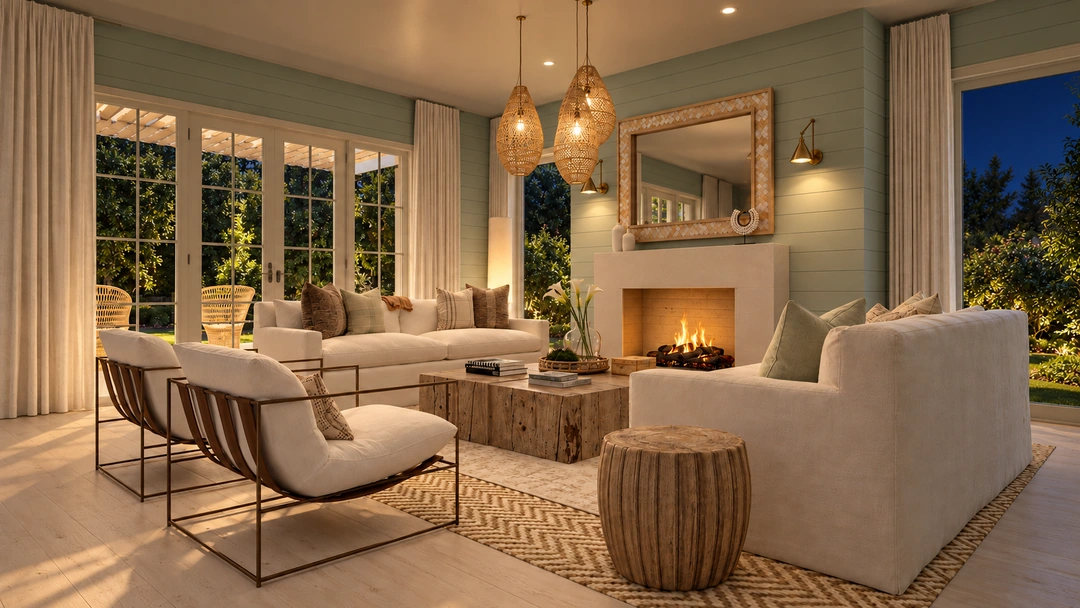 Evening living room with windows and woven accents — St. Petersburg, FL, Studio Dalika; project view 8