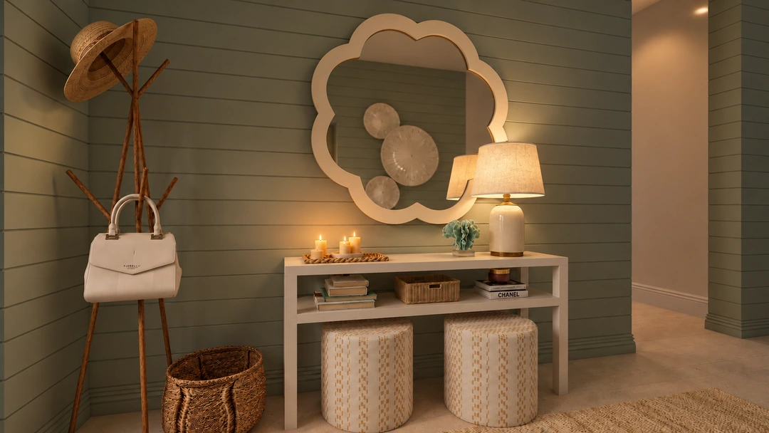 Entry console with scalloped mirror and table lamp — St. Petersburg, FL, Studio Dalika; project view 10