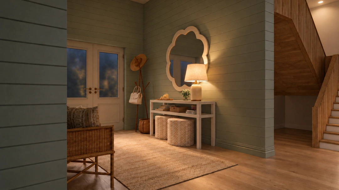 Entry hallway with console and open staircase — St. Petersburg, FL, Studio Dalika; project view 11