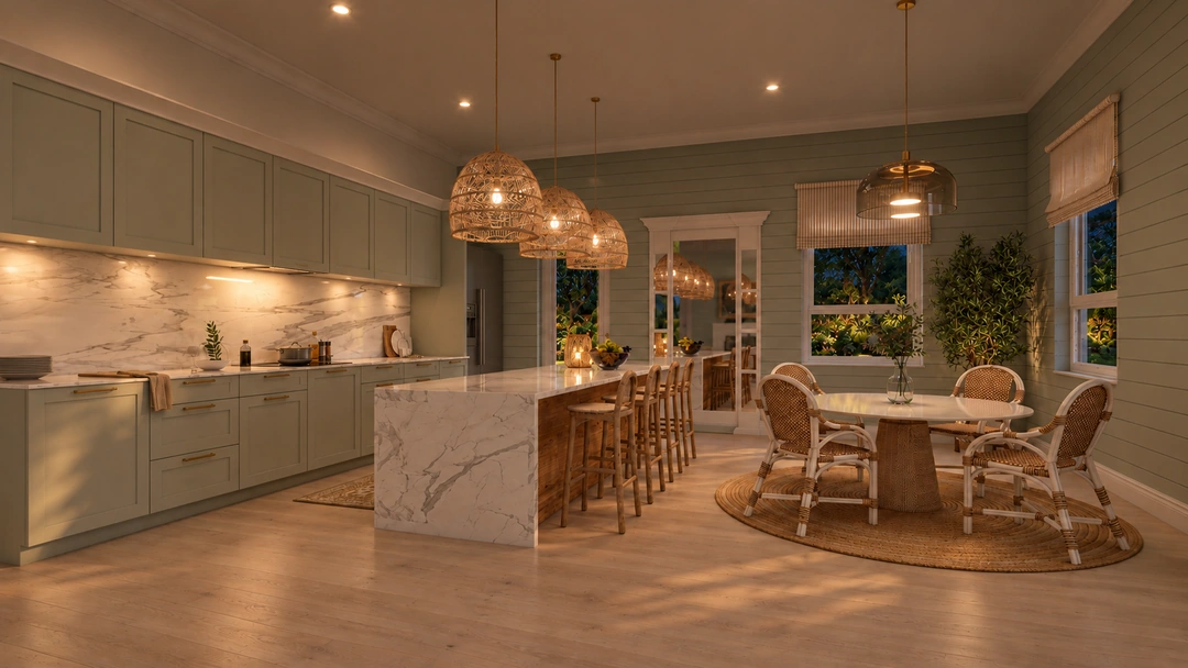 Open kitchen and dining room with evening lighting — St. Petersburg, FL, Studio Dalika; project view 12