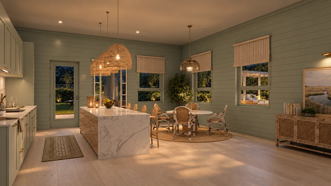 Evening dining area beside windows and kitchen island — St. Petersburg, FL, Studio Dalika; project view 13