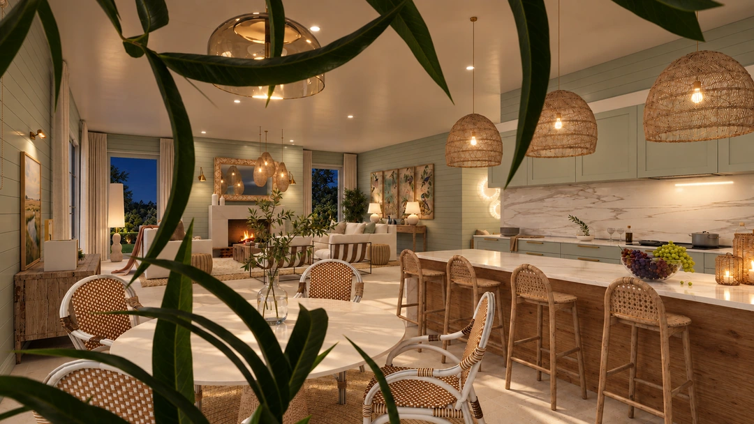 Kitchen island with stools and woven pendant lights — St. Petersburg, FL, Studio Dalika; project view 14