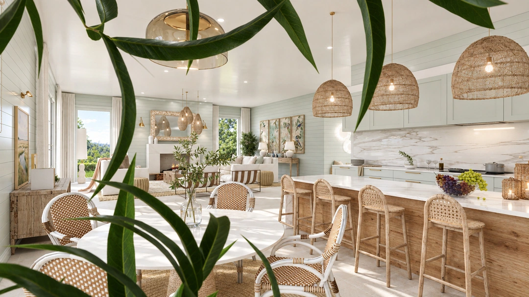 Kitchen island and dining area framed by greenery — St. Petersburg, FL, Studio Dalika; project view 15