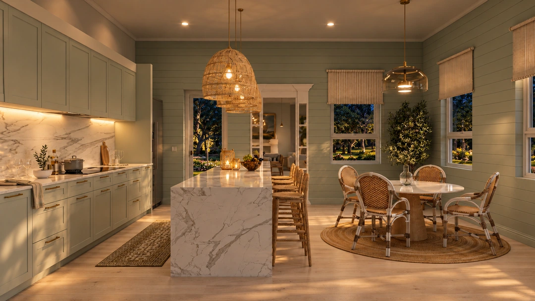Evening kitchen and dining area with woven pendants — St. Petersburg, FL, Studio Dalika; project view 16
