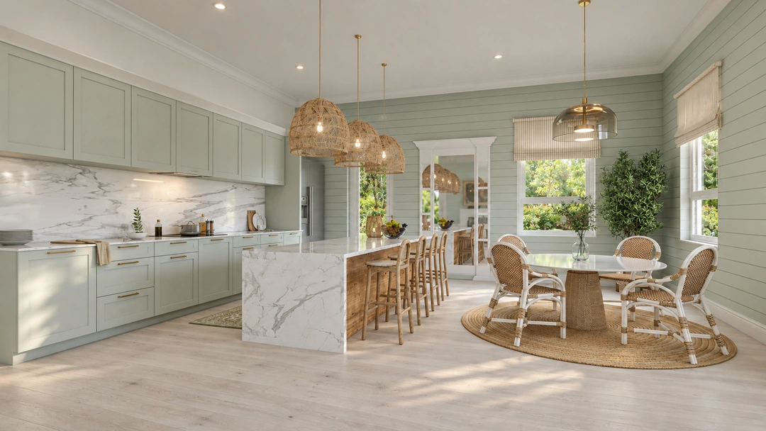 White kitchen with island and woven pendant lights — St. Petersburg, FL, Studio Dalika; project view 17