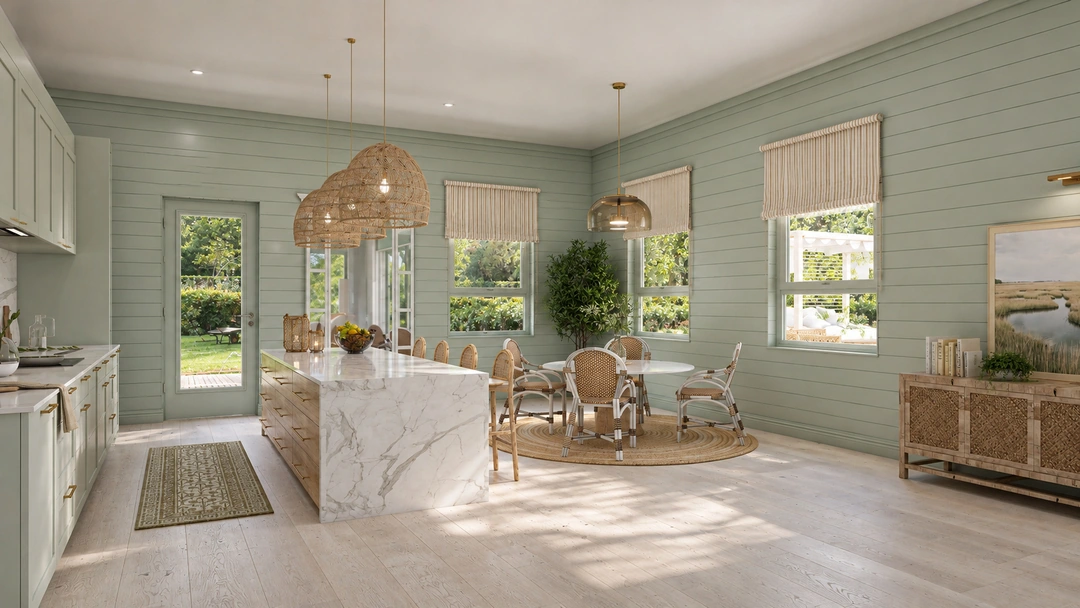 Open kitchen and dining area with blue walls — St. Petersburg, FL, Studio Dalika; project view 18