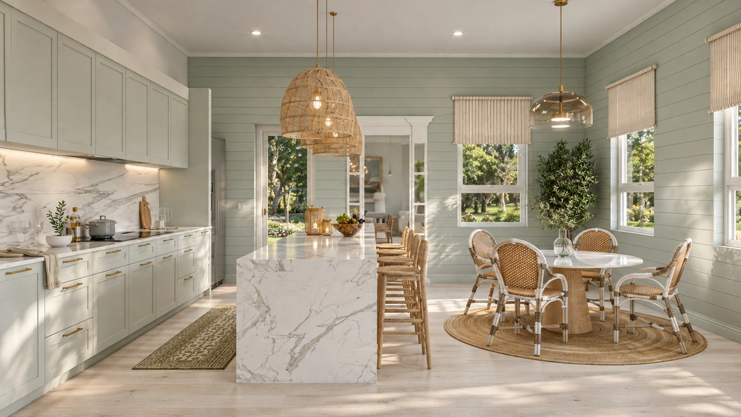 Kitchen island beside round dining table and windows — St. Petersburg, FL, Studio Dalika; project view 19